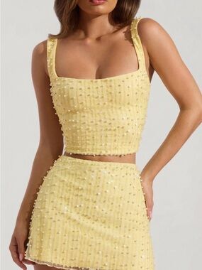 Oh Polly Yellow Beaded Mini Skirt